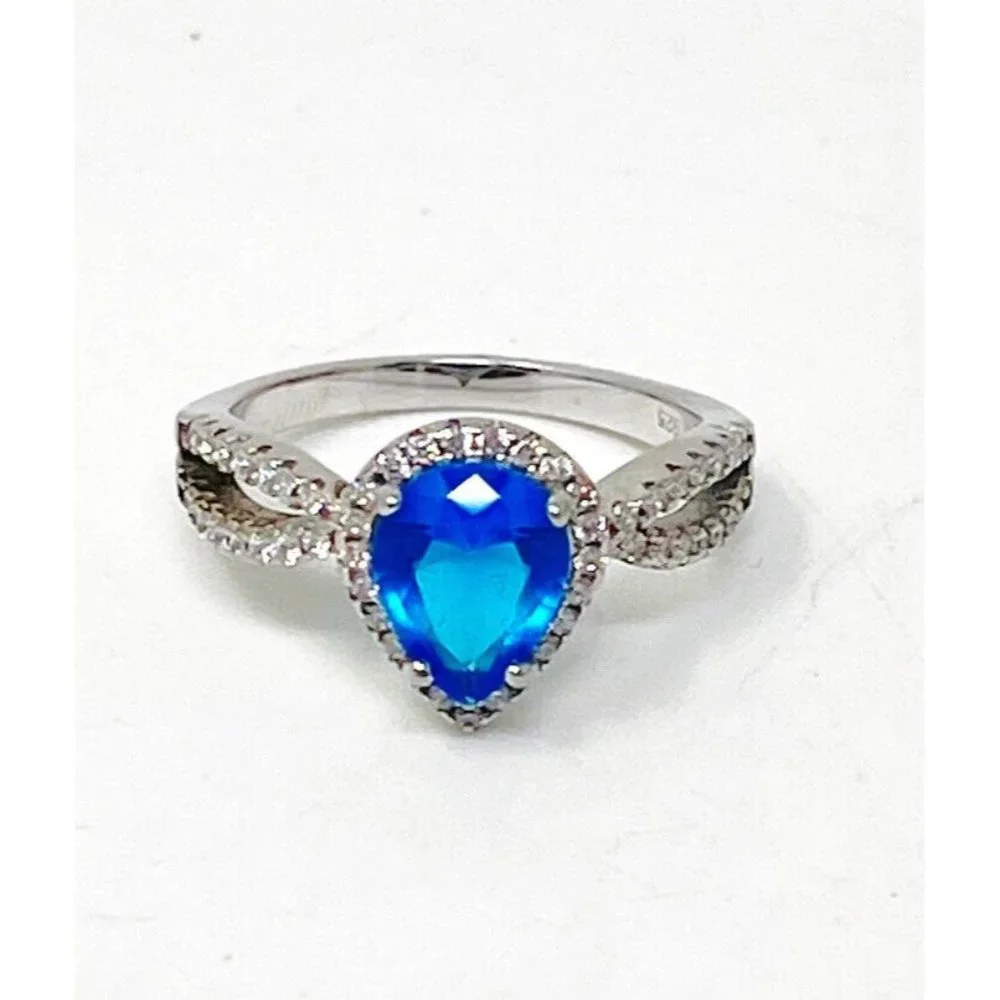 925 Sterling Silver Blue & Clear Cubic Zirconia Dinner Cocktail Ring Size 7